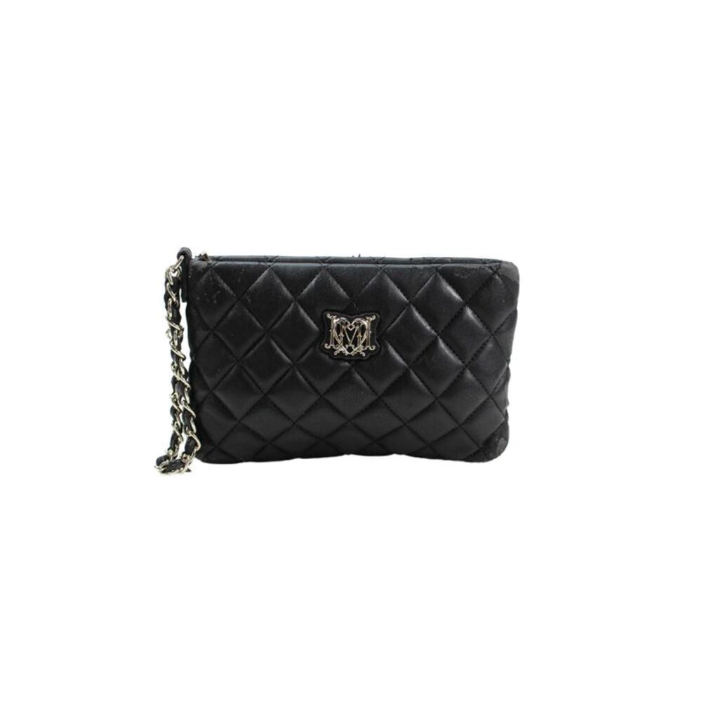 Love Moschino Womens Zip Top Quilted Leather Logo Wristlet Handbag Black